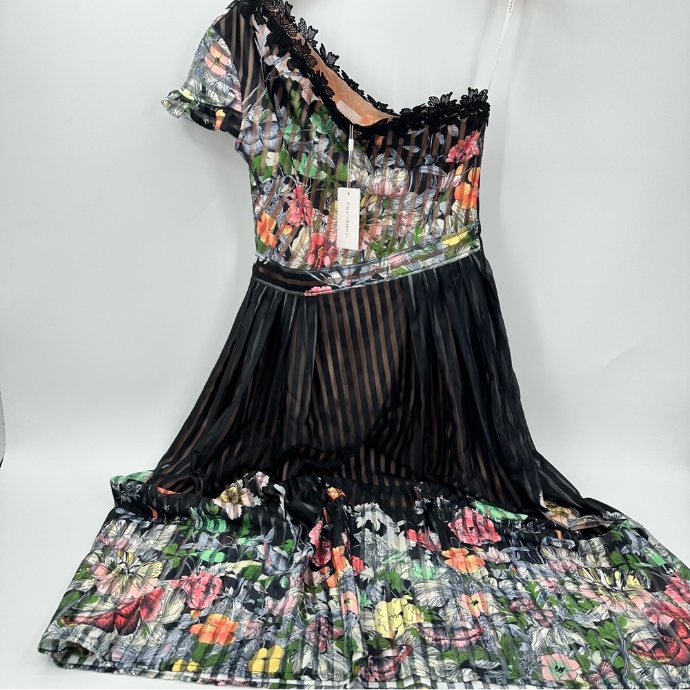 Foxiedox One Shoulder Dress Butterfly Black Floral Size 8 NEW